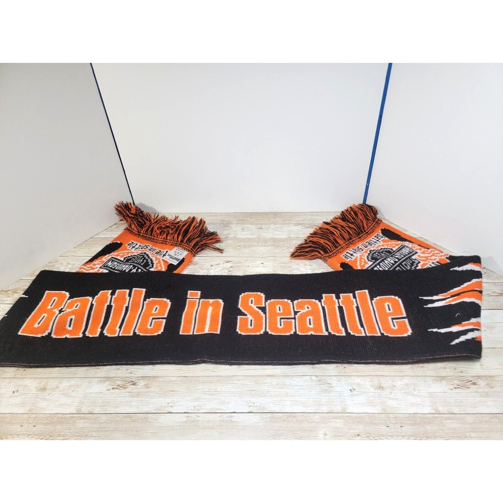 Harley Davidson Battle in Seattle Orange Black White Knit Scarf Acrylic 54" x 7"